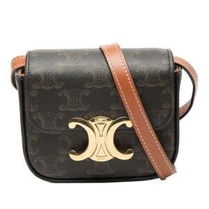 Celine Triomphe Mini Claude Crossbody Shoulder Bag in Brown and Tan Leather f...